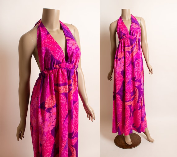 Vintage Hawaiian Maxi Halter Dress - Hot Pink Flo… - image 1