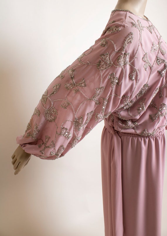 Vintage Mauve 1970s Beaded Dress - Draped Billowy… - image 7