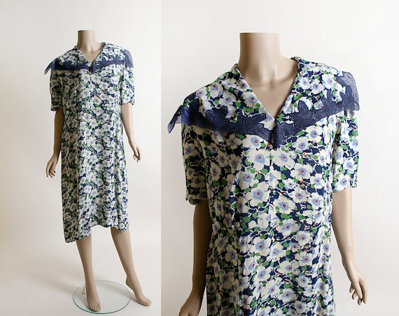 Vintage 1930s Dress - Floral Sheer Navy Blue White