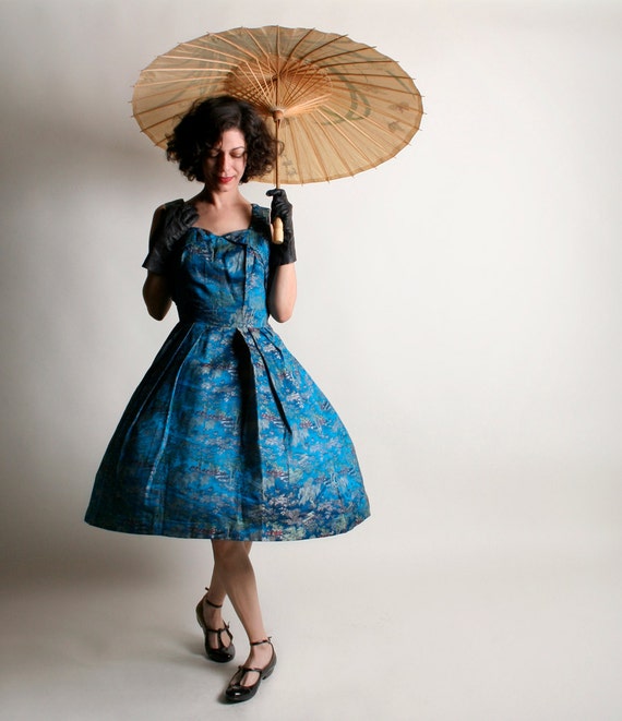 Vintage 50s Asian Print Dress - 1950s Novelty Prin
