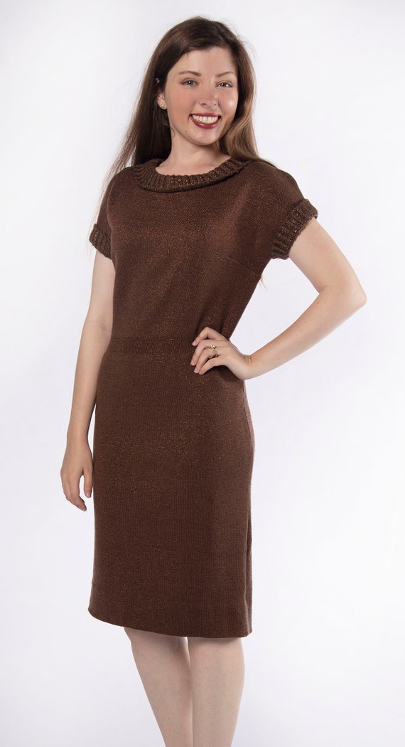 Vintage 1970s Knit Dress - Dark Chocolate Brown w… - image 2