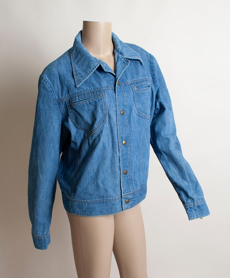 Vintage 1970s Denim Jacket Lee Set Medium Blue Jean Jacket Mens Unisex Snap Button Front Medium Large image 5