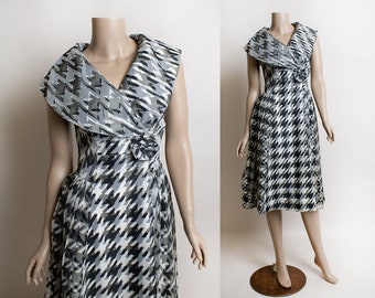 Vintage 1960s Chiffon Party Dress - Houndstooth Print Black and White Oversize Neckline Dress - Rose Hip - 1950s - Small