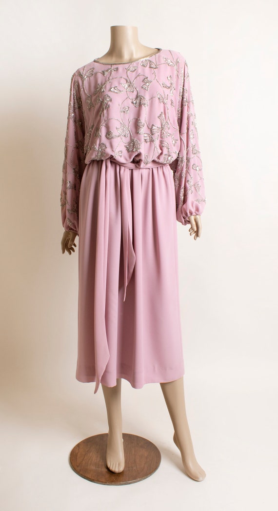 Vintage Mauve 1970s Beaded Dress - Draped Billowy… - image 2