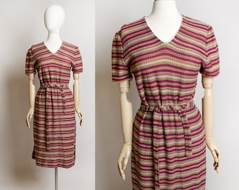 Vintage 1970s Striped Knit Dress - Maroon Purple & Brown - Sheath Tunic Knitted Dress with Tie Belt - Autumn Tone Colors - Medium Large
