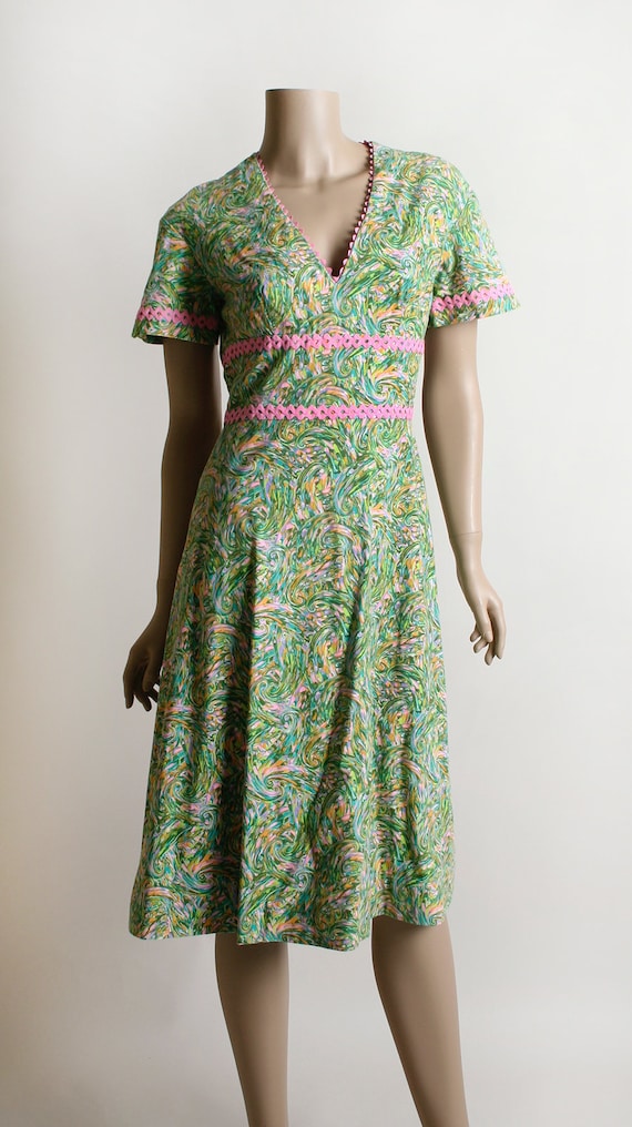 Vintage 1960s Dress - Mint Green & Pink Watercolo… - image 2