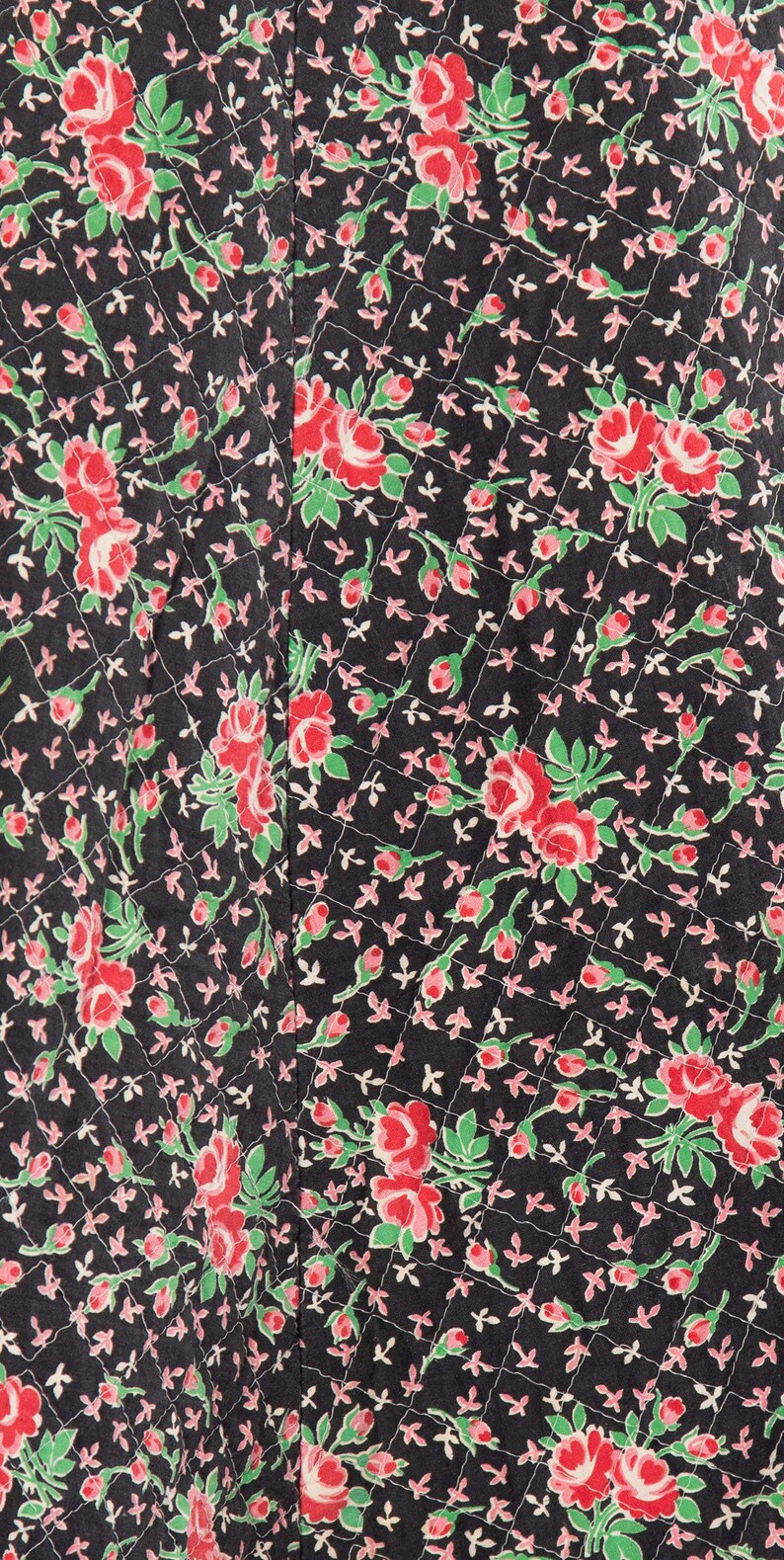 Vintage Rose Print Quilt Skirt A-Line Knee Length Black & Pink Floral Print Skirt 1970s Cotton Small 26 Waist image 5
