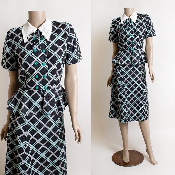 Vintage 1940s Blouse & Skirt Set - Black White Teal Blue Gray - Cross Plaid Print - Peplum Button Up Blouse - Small