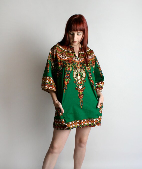 Vintage 1970s Dashiki - Emerald Green Ornate Afric