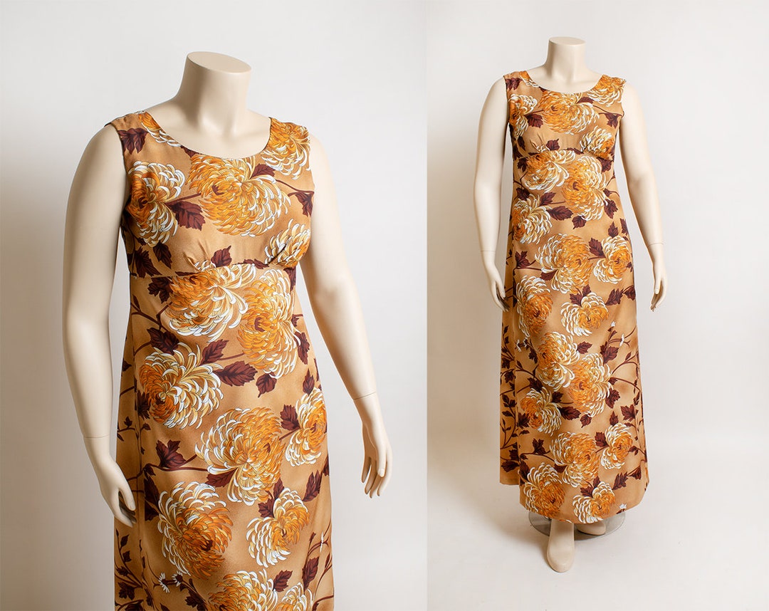 Vintage 1970s Hawaiian Maxi Dress - Cocoa Brown Orange Autumn Floral ...