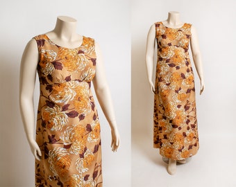 Vintage 1970s Hawaiian Maxi Dress - Cocoa Brown Orange Autumn Floral Flower Print Floor Length Empire Waist Tropical - Medium Large