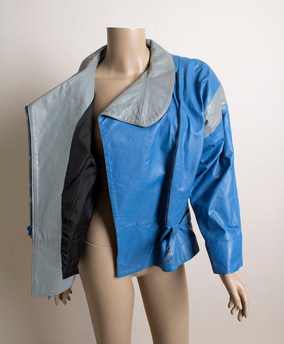 Vintage 80s Leather Jacket - Blue & Gray Asymmetr… - image 5