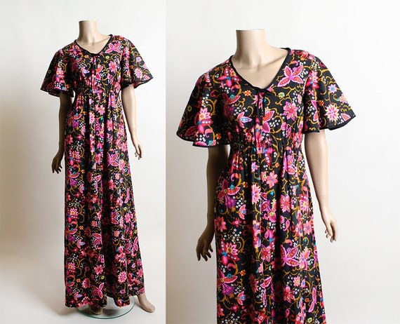 Vintage 1960s Maxi Dress - Psychedelic Hot Pink F… - image 1