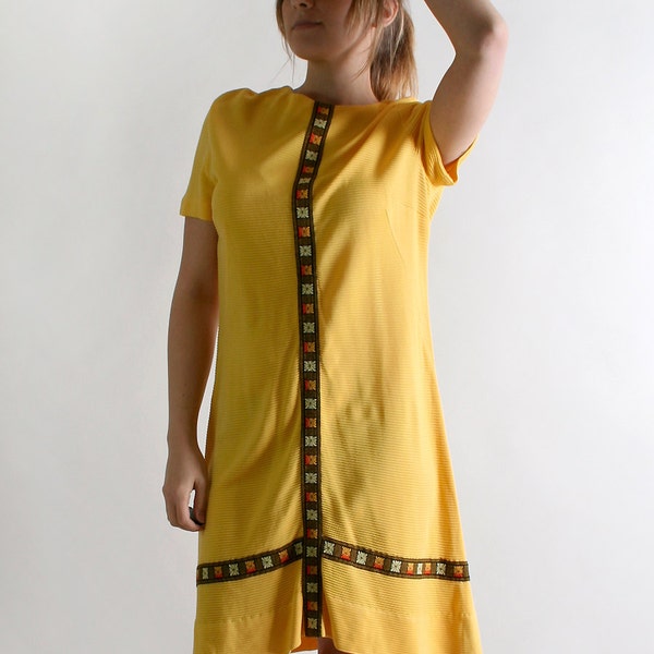 Vintage 1960s Dress - Honey Mustard Yellow with Brown Floral Trims - Medium to Large