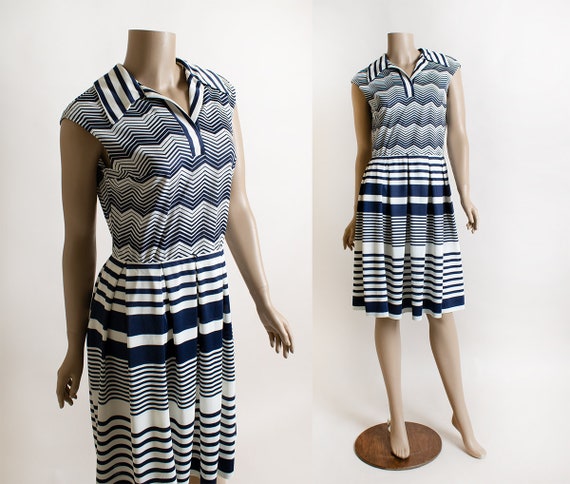 Vintage 1970s Chevron Striped Dress - Box Pleated… - image 1