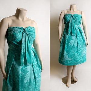 Vintage Strapless Hawaiian Dress - Summer Teal Green Tropical Leaf Print Sundress - 1970s 1980s - Large