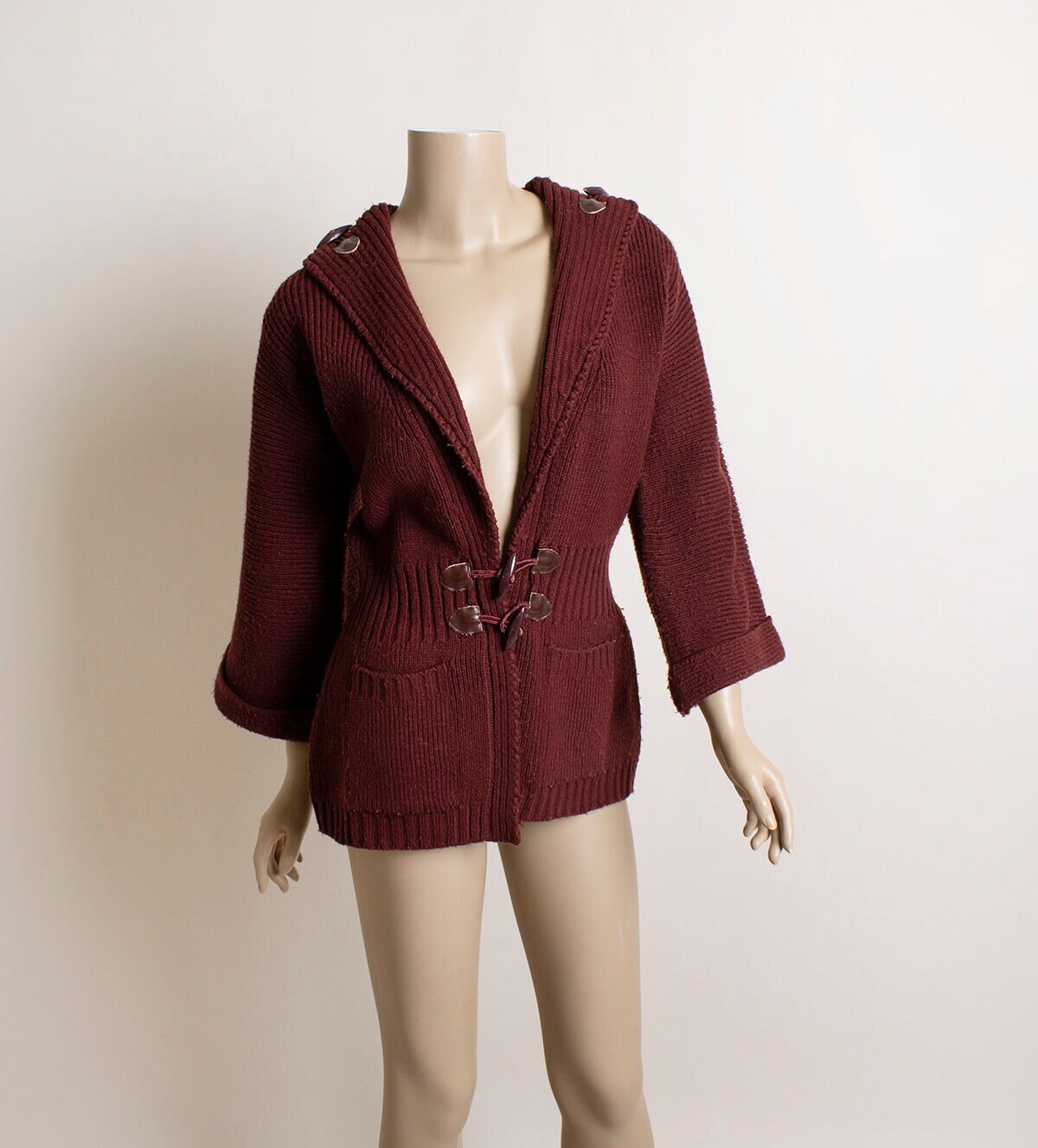 Vintage 1970s Knit Bell Sleeve Sweater Cardigan - Dark Burgundy