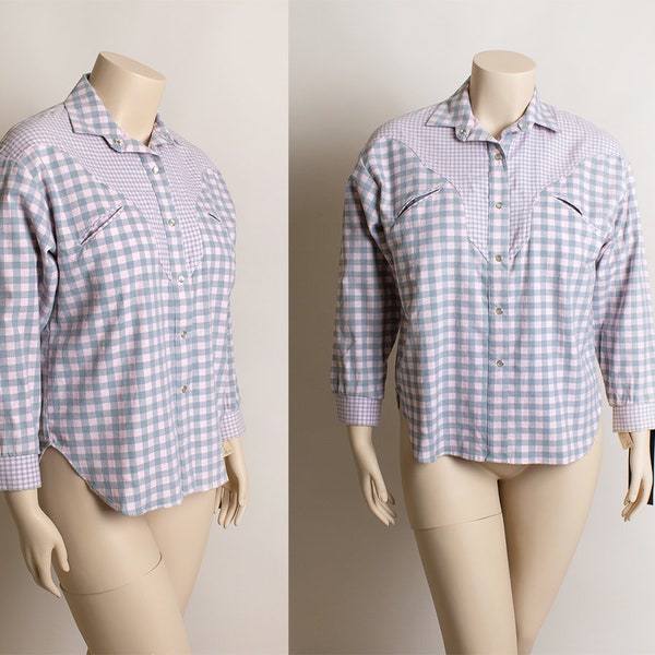 Vintage 1980s Plaid Snap Button Up Shirt - You Babes - Pastel Pink & Gray Cotton Western Style Cowgirl Blouse - Medium Large