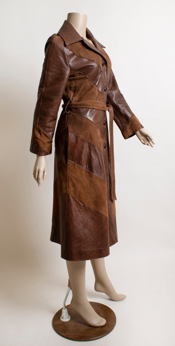 Vintage Brown Leather Trench Coat - Chevron Patte… - image 2