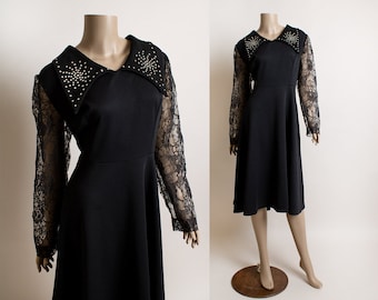 Vintage 1970s Black Rhinestone Dress - Starburst Dagger Collar Gothic Sheer Long Lace Sleeves Wednesday Addams Dolly Dress - Large