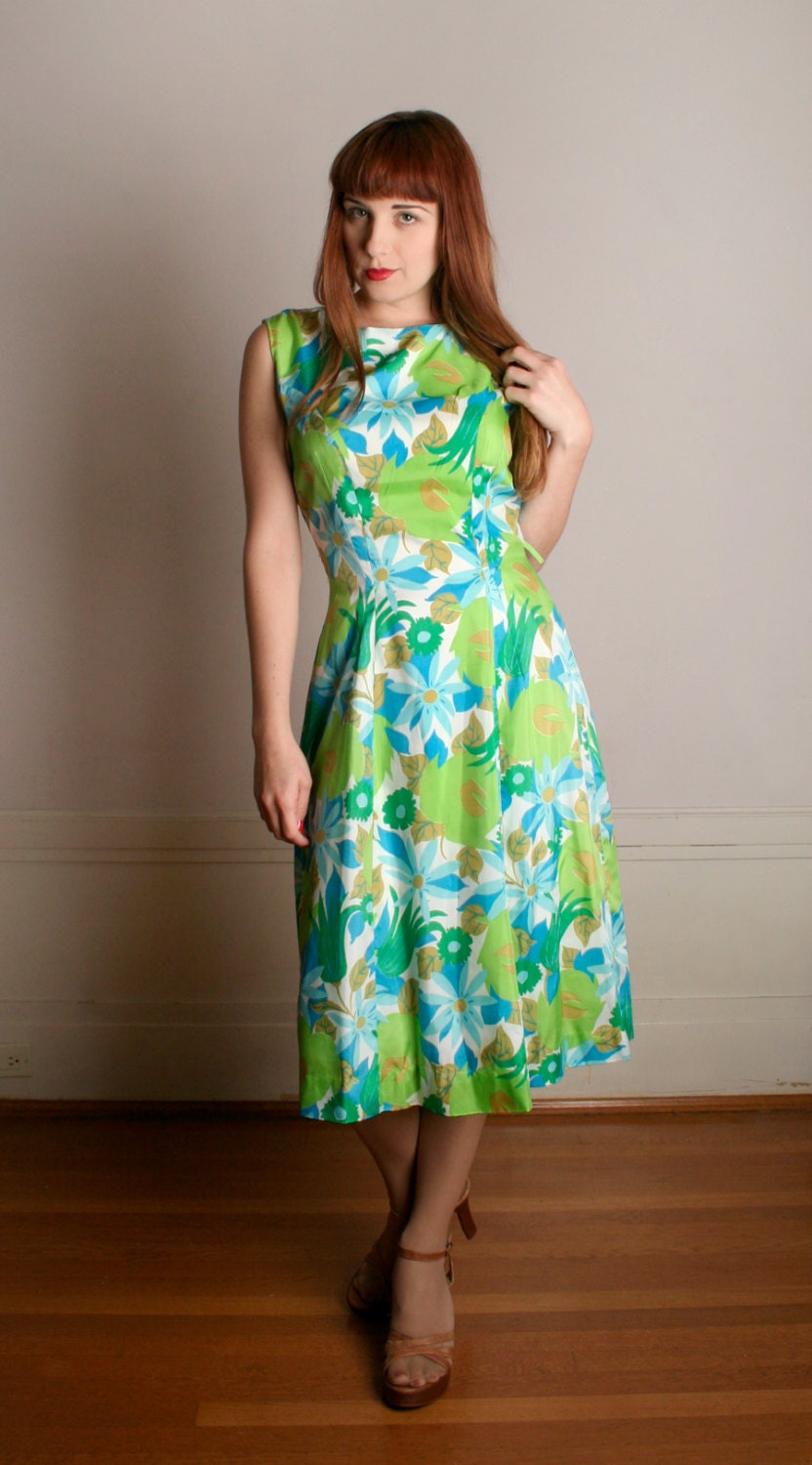 Vintage 1960s Dress Garden Party Green Flower Print Silk | Etsy