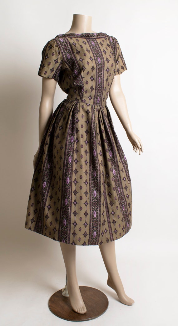 Vintage 1950s Dress - Dark Olive Brown & Purple S… - image 2