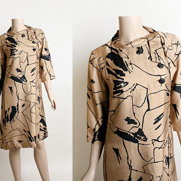 RESERVED Vintage 1960s Silk Dress - Cocoa Brown Light Nubby Silk Artistic Rorschach Print Dress - Loose Fit Tunic with Rhinestones - Small