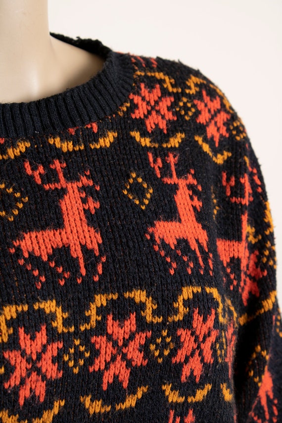 Vintage 1970s Reindeer Sweater - Black and Red Kn… - image 2