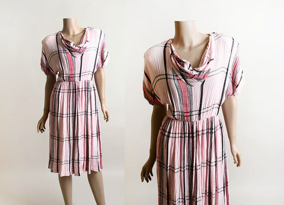 Vintage Pink Plaid Dress - Madras Style Dress - Co