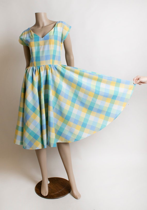 Vintage 1980s Plaid Dress - Pastel Blue Yellow Gr… - image 5