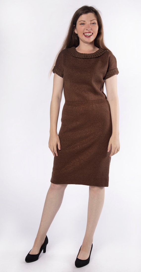 Vintage 1970s Knit Dress - Dark Chocolate Brown w… - image 4