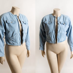Vintage Denim Jean Jacket by LizWear - 1980s 1990s Light Blue Front Zip Short Crop Retro Jacket - Large