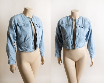 Vintage Denim Jean Jacket by LizWear - 1980s 1990s Light Blue Front Zip Short Crop Retro Jacket - Large