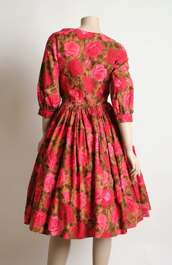 Vintage 1950s Rose Print Dress - Early 1960s Cott… - image 2
