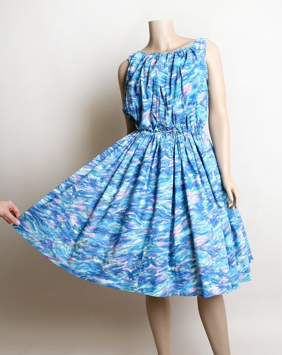 Vintage 1960s Dress - Blue Watercolor with Pink B… - image 9