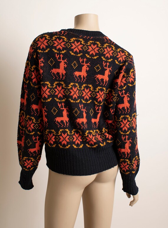 Vintage 1970s Reindeer Sweater - Black and Red Kn… - image 4