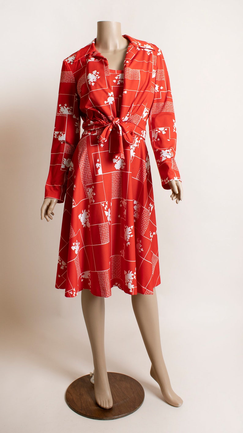 Vintage 1970s Dress & Jacket Set Cherry Red Floral Print Etsy
