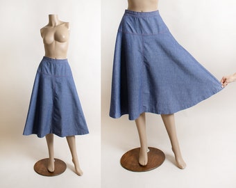 Vintage 1970s Cotton Jean Skirt - Blue Denim Look - Red Stitch Details - A-Line Sweep - Midi Length - 26" waist