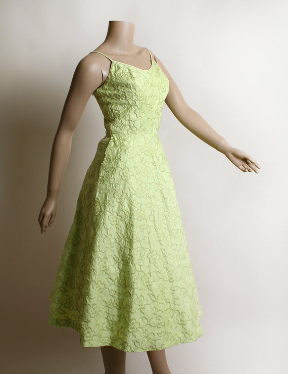 Vintage 1950s Dress - Chartreuse Lime Green Flora… - image 2