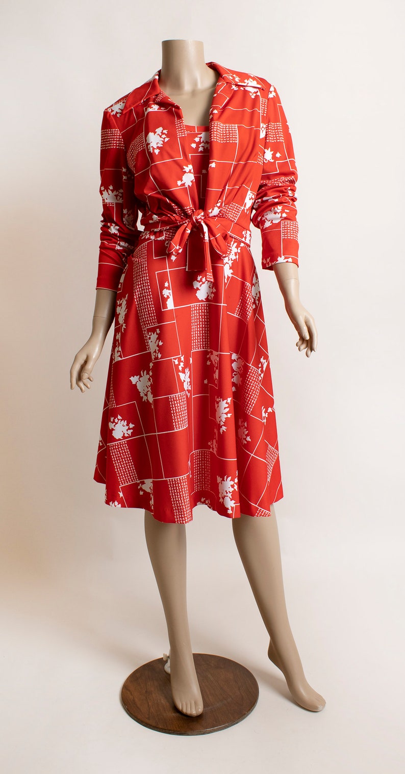 Vintage 1970s Dress & Jacket Set Cherry Red Floral Print Etsy
