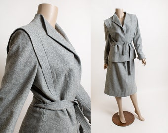 Vintage Lilli Ann Suit - 1970s Light Gray Jacket & Skirt Set - Wrap Waist Tie Adolph Schuman Business Angled Avant Garde Style New Wave 70s