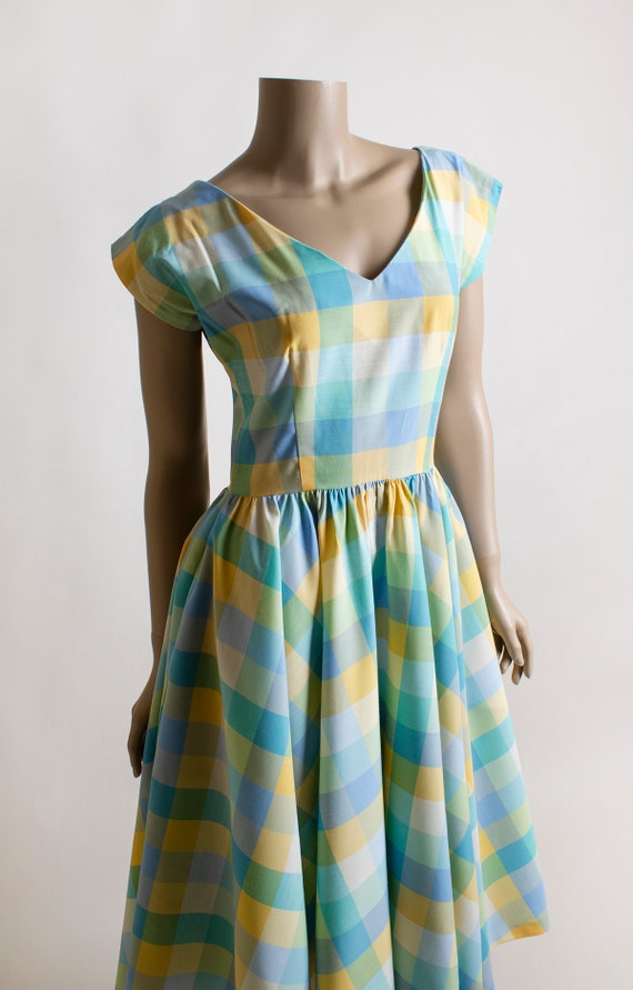 Vintage 1980s Plaid Dress - Pastel Blue Yellow Gr… - image 7