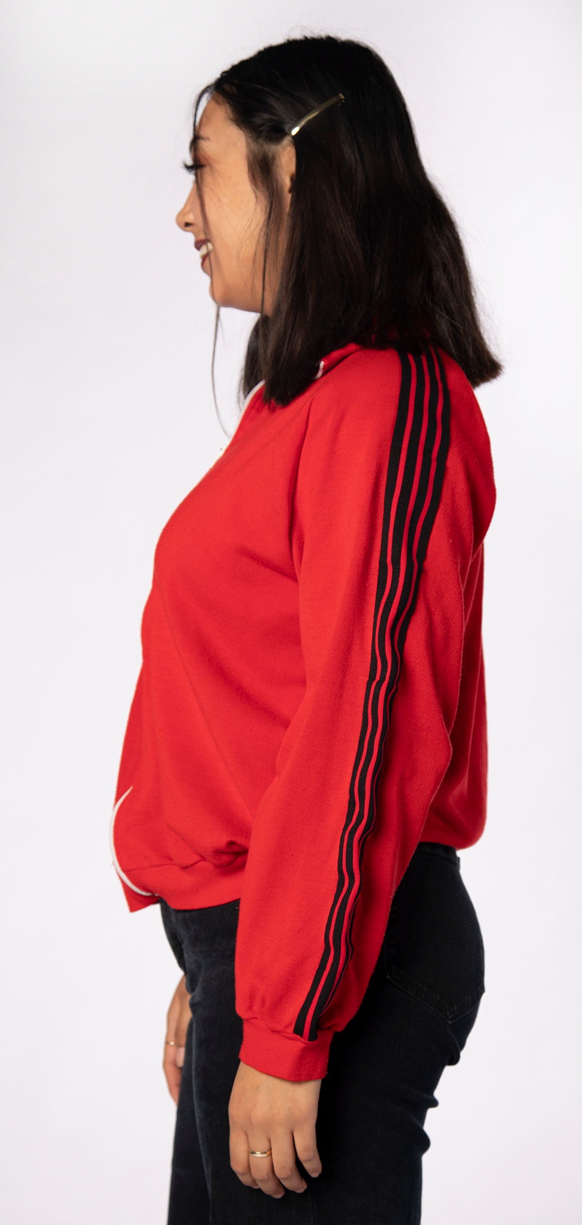 Vintage 1970s Track Jacket - Cherry Red & Black Striped Warm Vintage 1970s Track Jacket - Cherry Red & Black Striped Warm
