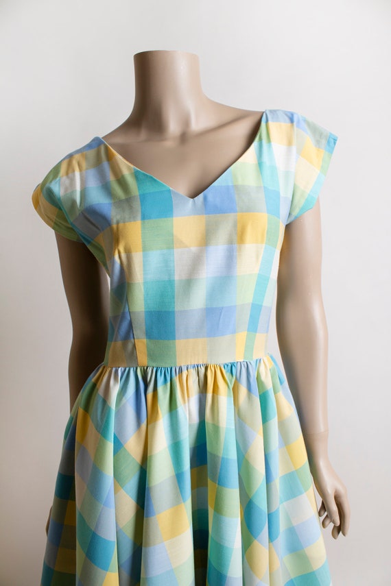 Vintage 1980s Plaid Dress - Pastel Blue Yellow Gr… - image 6
