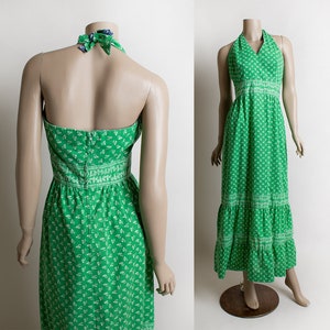Vintage 1970s Maxi Dress Bright Kelly Green Floral Print Halter Floor Length Maxi Cotton Day Dress Prairie Style Small image 1