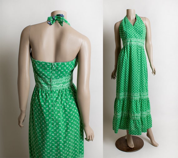 Vintage 1970s Maxi Dress - Bright Kelly Green Flo… - image 1
