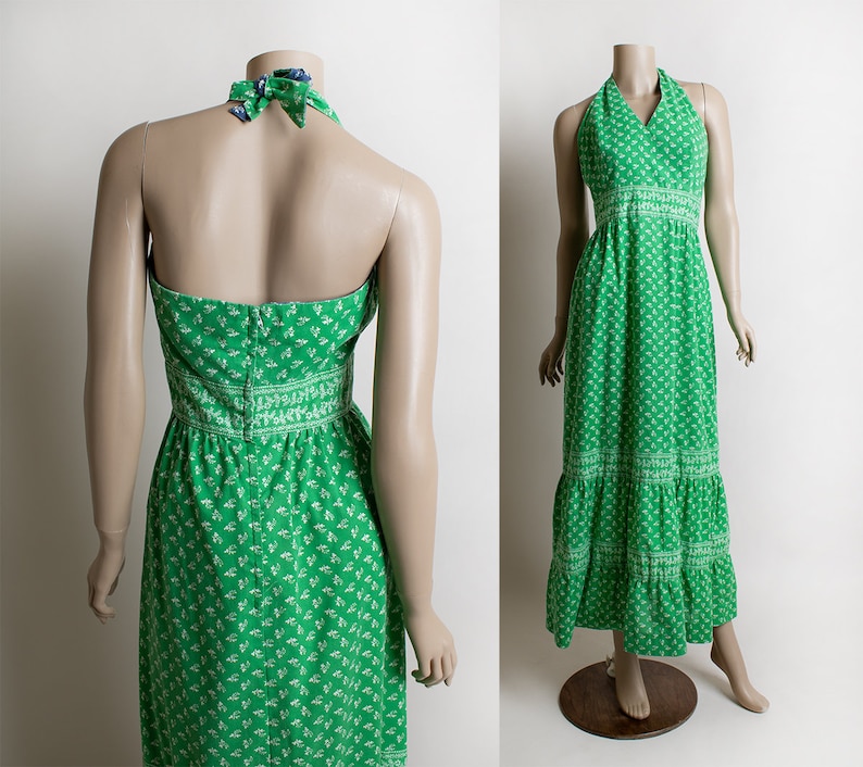 Vintage 1970s Maxi Dress Bright Kelly Green Floral Print Halter Floor Length Maxi Cotton Day Dress Prairie Style Small image 1