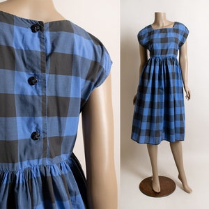 Vintage 1960s Blue Plaid Day Dress - Light Cotton Black Picnic Style Back Button Up Dress - Medium