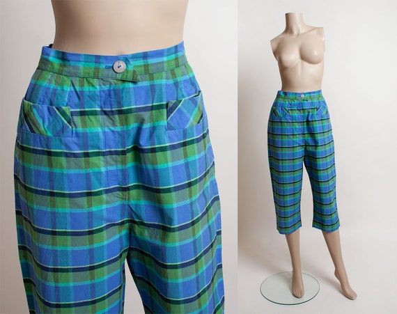 Vintage 1950s Plaid Capri Pants - Teal Blue & Gre… - image 1