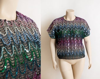 Vintage 1980s Sequin Top - Sheer Rainbow Ombre Wavy Knit Striped Silver Sparkly Club Rave Party Blouse - Large XL - Disco